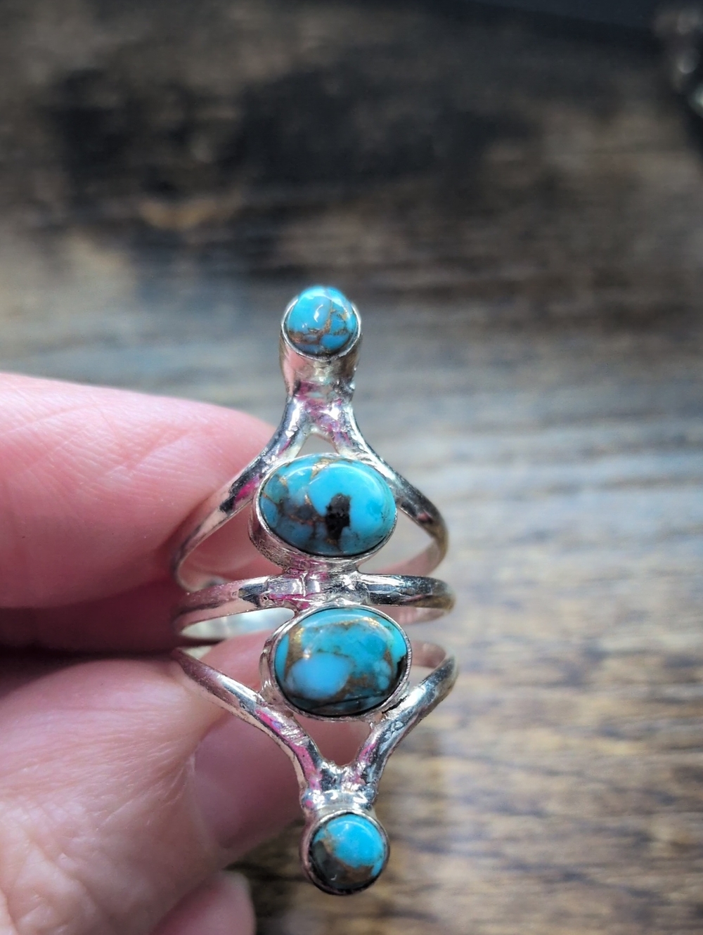 Sterling Silver Turquoise Triple Stone Ring - Blue